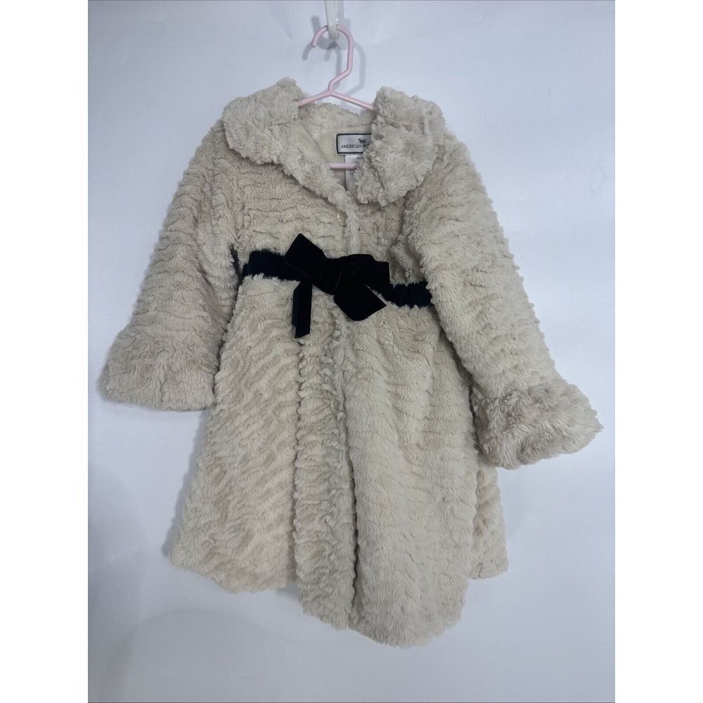 American Widgeon Girls Cream Faux Fur Coat Velvet Bow Belt Size 5 654777